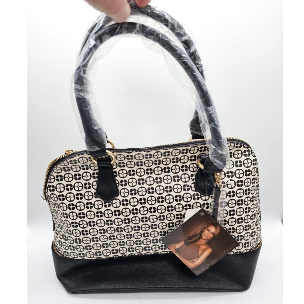 IMAN Global Chic Logo Print Dome Satchel & Matching Cosmetic Case NWT Boho Glam